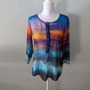 Poeme By Citron Womens Small Sheer Blouse Art To Wear  Colorful Sunset FLAWS 124